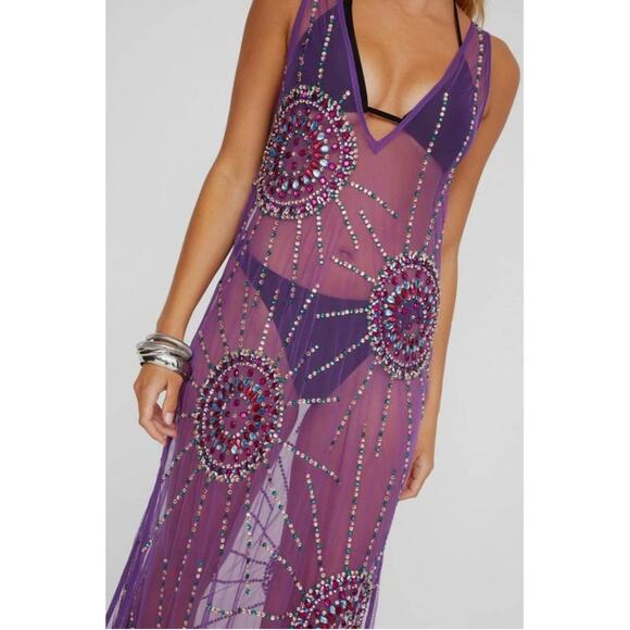 NastyGal Purple Sheer Beaded Sun Embellished Maxi Dress - Picture 3 of 8